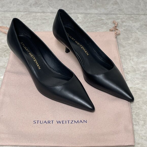 Stuart Weitzman Kitten Heels Pumps 6B Black Smooth Leather Pointed Toe Shoes - Picture 4 of 14